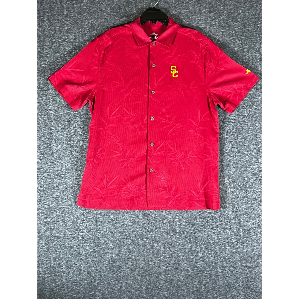 Tommy Bahama Mens USC Trojans Silk Jacquard Tropical Leaf Shirt Red Large